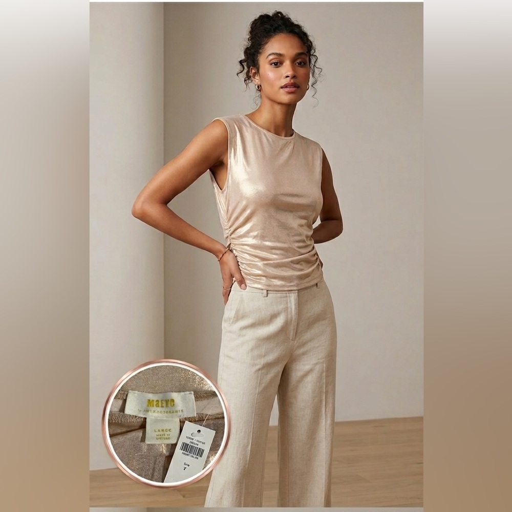 NWT Maeve by Anthropologie Metallic Gold Ruched Tank Top - Size Large